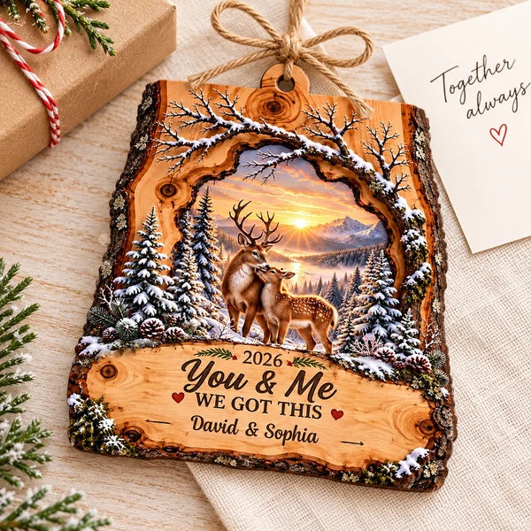 Rustic Personalized Wooden Ornament with You & Me Quote and Deer Standing Together, Creative Gift for Your Partner