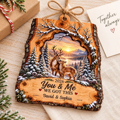Rustic Personalized Wooden Ornament with You & Me Quote and Deer Standing Together, Creative Gift for Your Partner