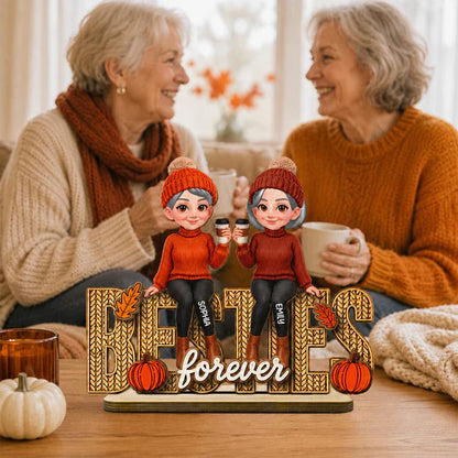 Personalized Wooden Plaque With Cozy Fall Friends Holding Coffee, Creative Gift For Sister & Friend