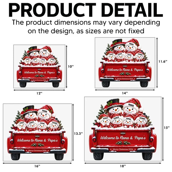 Personalized Shaped Yard Sign, Snowman Family Riding in a Red Truck, Christmas Decor, Unique Gift for Family