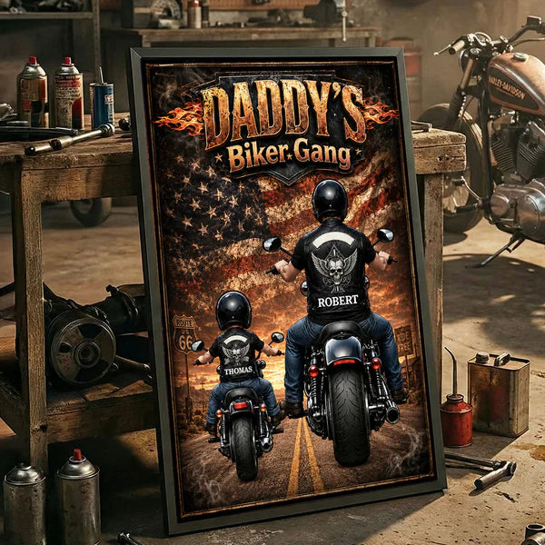 Daddy's Biker Gang Personalized Poster, Dad & Child Riding Motorcycles, Unique Father's Day Gift for Dad