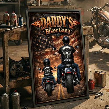 Daddy's Biker Gang Personalized Poster, Dad & Child Riding Motorcycles, Unique Father's Day Gift for Dad
