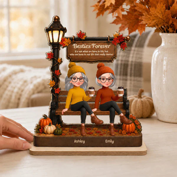 Personalized 2-Layer Wooden Plaque, Fall Besties Sitting Under Lamp Post, Unique Gift for Friend