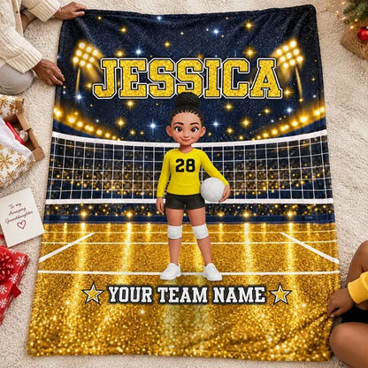 Personalized Fleece Blanket, Girl Volleyball Player on Red Court, Unique Gift for Daughter and Young Athlete