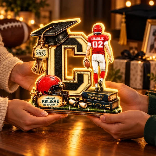 Personalized Acrylic Light Box, Football Graduate Walking with a Ball, Creative Gift for Son or Grandson