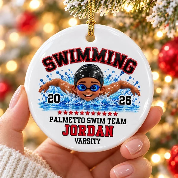 Personalized Swimming Ceramic Ornament, Colorful Swimmer in Action, Unique Christmas Gift for Son or Daughter