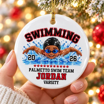 Personalized Swimming Ceramic Ornament, Colorful Swimmer in Action, Unique Christmas Gift for Son or Daughter