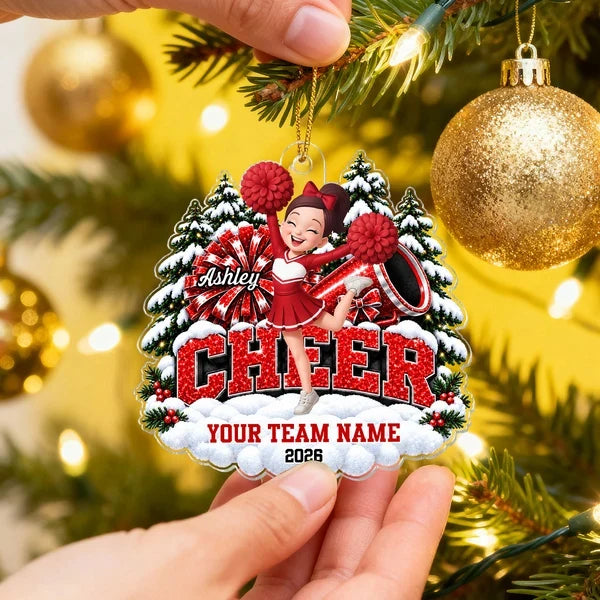 Personalized Acrylic Ornament, Cheerleader Cheering With Pom Poms by Snowy Trees, Unique Christmas Gift for Cheerleaders