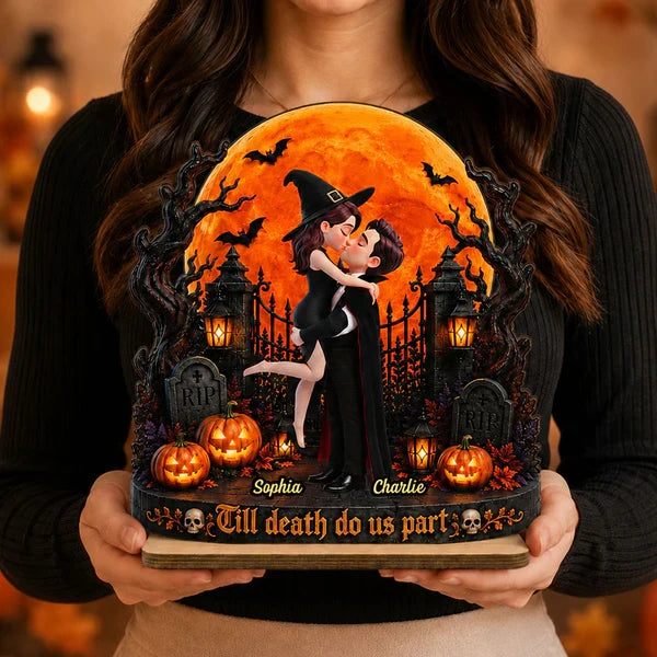 Eternal Love Couple Under Halloween Moon Light - Personalized 2-Layered Wooden Plaque - Halloween Gift For Couple
