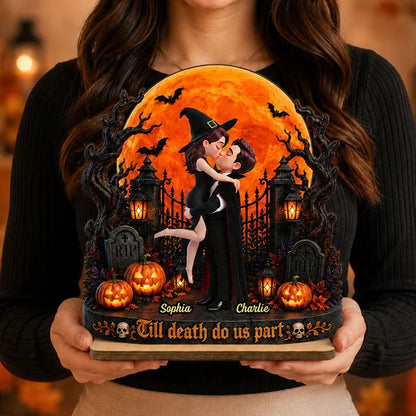 Eternal Love Couple Under Halloween Moon Light - Personalized 2-Layered Wooden Plaque - Halloween Gift For Couple