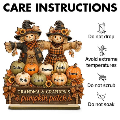 Personalized 2-Layer Wooden Plaque, Grandparent Scarecrows Together in a Pumpkin Patch, Unique Family Gift