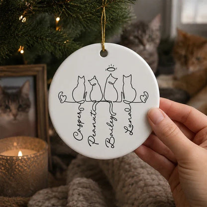 Personalized Ceramic Ornament with Halo Cat Silhouettes, Unique Pet Memorial Gift for Cat Owners