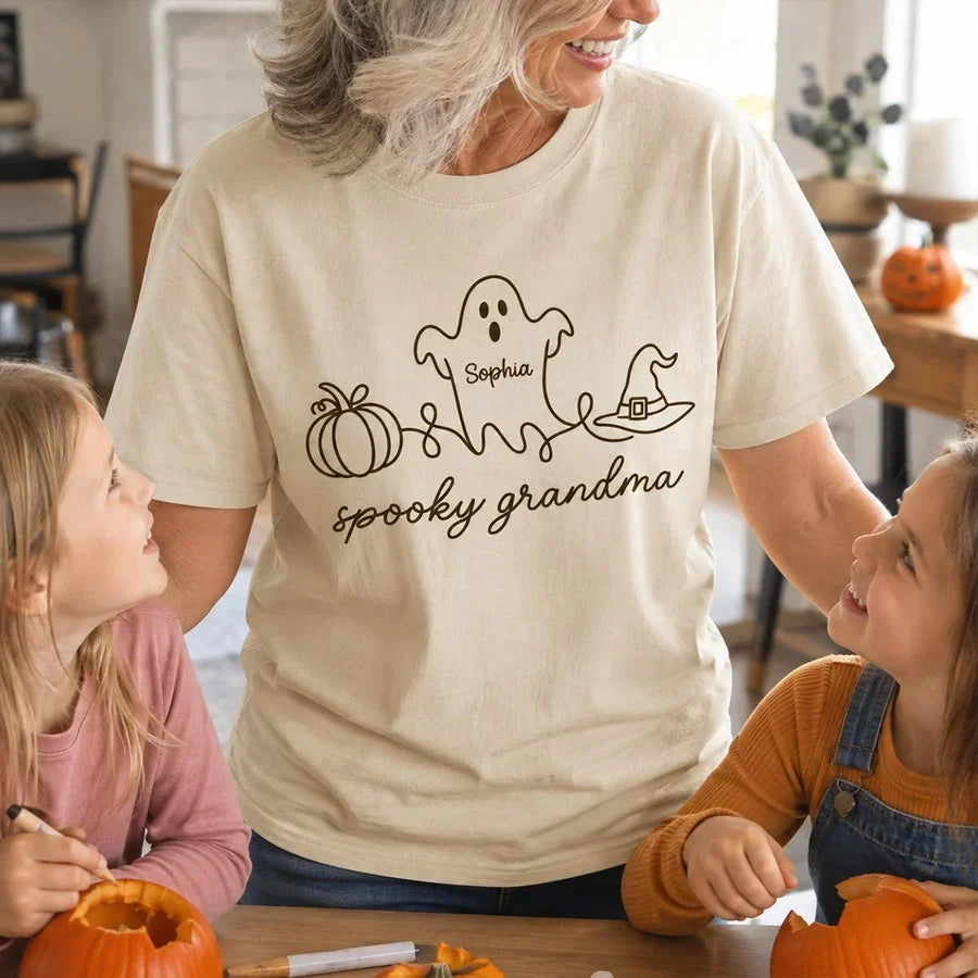 Personalized Spooky Grandma Classic Tee with Ghost Pumpkin and Witch Hat, Unique Halloween Gift for Grandma