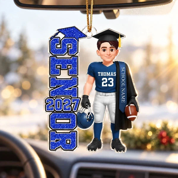Personalized Football Senior Acrylic Ornament, Graduate Holding Helmet, Unique Graduation Gift for Son