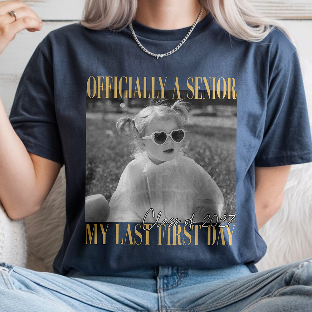 Senior Last First Day Personalized Classic Tee, Black and Gold Photo Keepsake, Creative Gift for Student