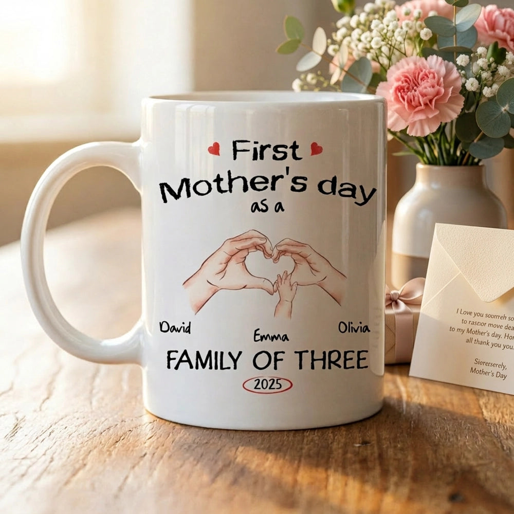 Personalized White Ceramic Mug for First Mother's Day, Family of Three Heart Hands, Unique Custom Gift for New Mom