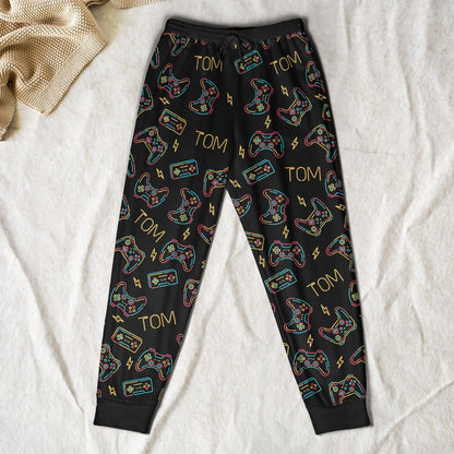 Personalized Gamer Sweatpants with Custom Name – Neon Game Controller Pattern