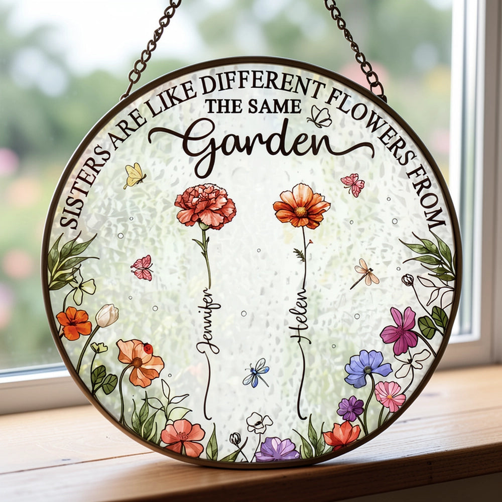 Personalized Birth Flower Sisters Glass Suncatcher Ornament for a Bright Window Display, Unique Gift for Sister or Best Friend