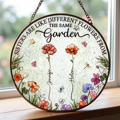 Personalized Birth Flower Sisters Glass Suncatcher Ornament for a Bright Window Display, Unique Gift for Sister or Best Friend
