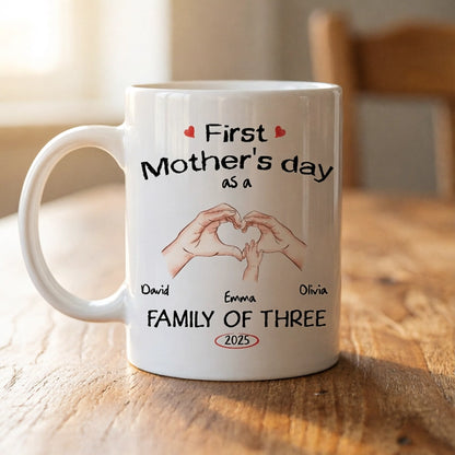 Personalized White Ceramic Mug for First Mother's Day, Family of Three Heart Hands, Unique Custom Gift for New Mom