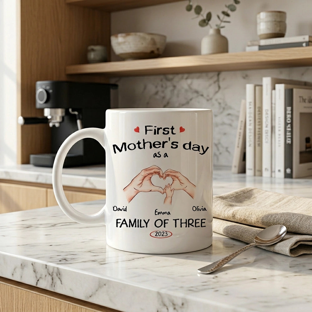 Personalized White Ceramic Mug for First Mother's Day, Family of Three Heart Hands, Unique Custom Gift for New Mom