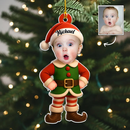 Acrylic Ornament - Personalized Little Elf with Surprised Face, Christmas Tree Decor, unique gift for Mom, Dad & Grandparents