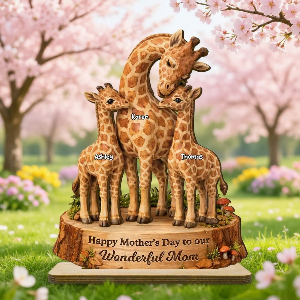 Personalized 2-Layer Wooden Plaque with Giraffe Mom and Calves, Mother's Day Keepsake, Unique Gift for Mom
