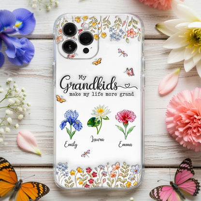Clear Silicone Phone Case 'My Grandkids Make My Life More Grand' Floral Design - Personalized Gift for Grandma
