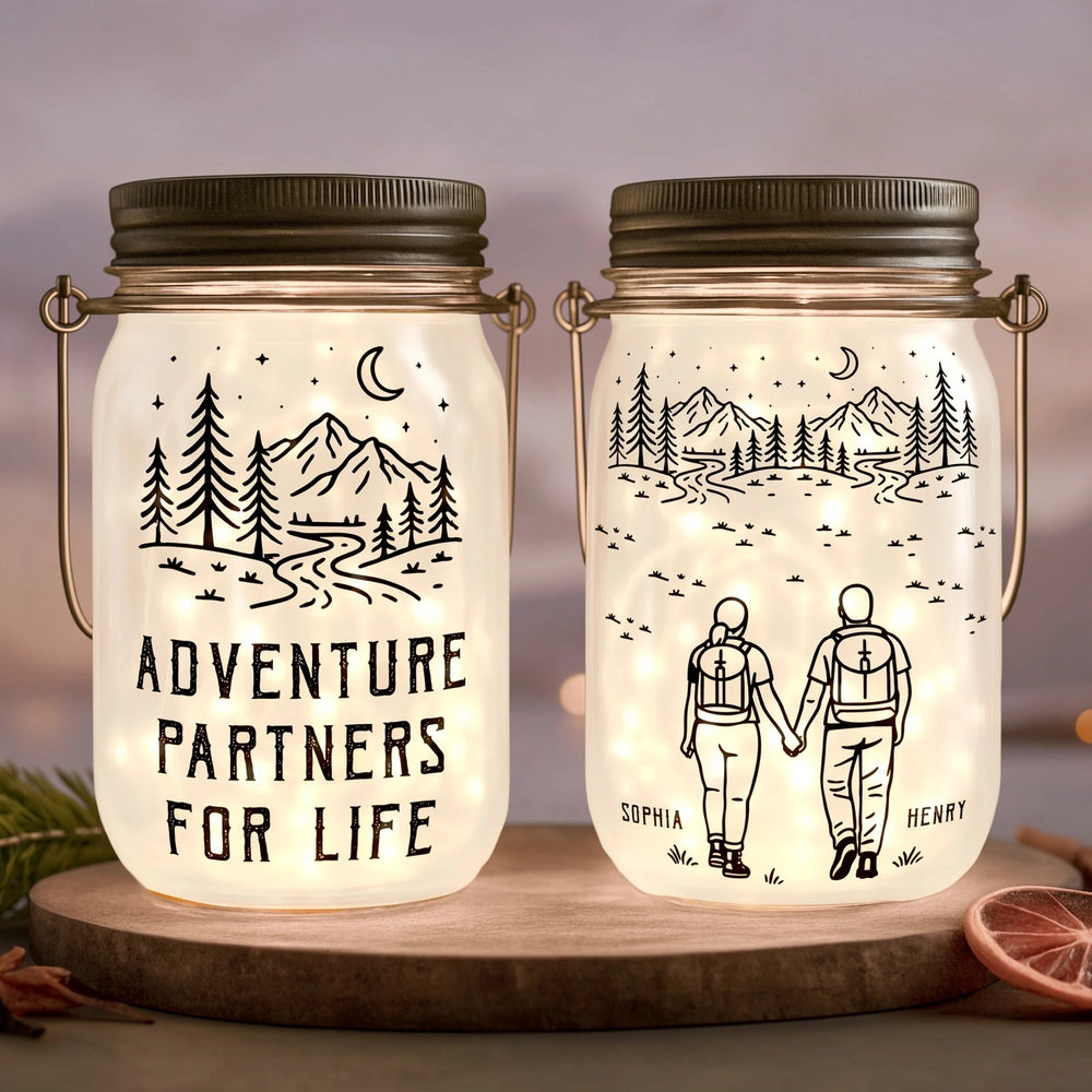Personalized Solar Mason Jar Light with Adventure Partners For Life Hiking Couple Design - Unique Gift for Couples