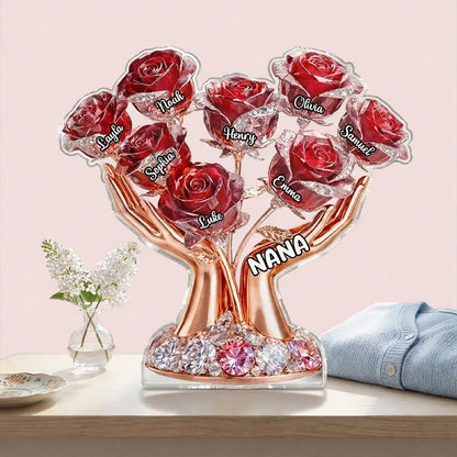 Personalized Shaped Acrylic Block Plaque with Grandma Hands Rose Bouquet - Unique Mother's Day Gift for Grandma