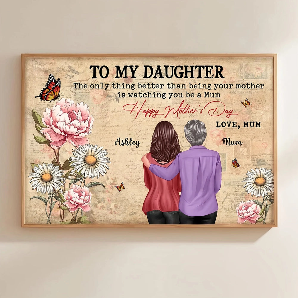 Personalized Mother's Day Floral Poster, Mom and Daughter Hugging Back View, Vintage Look, Unique Gift for Mom