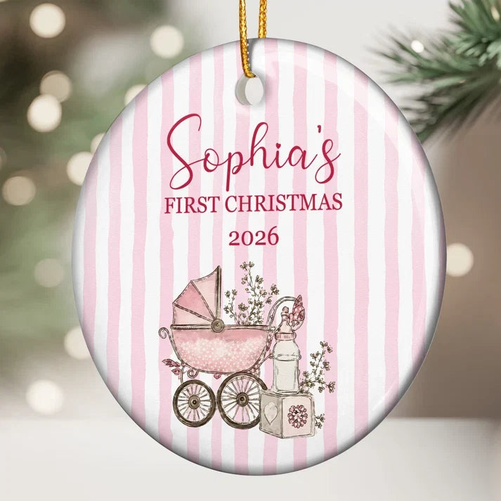 Personalized Baby's First Christmas Ceramic Ornament, Sweet Illustrated Keepsake, Creative Gift for Family