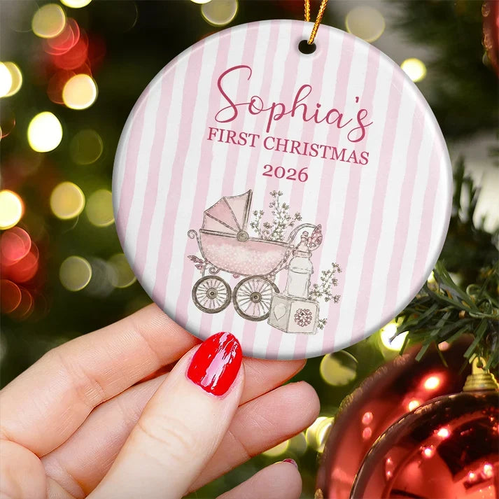 Personalized Baby's First Christmas Ceramic Ornament, Sweet Illustrated Keepsake, Creative Gift for Family