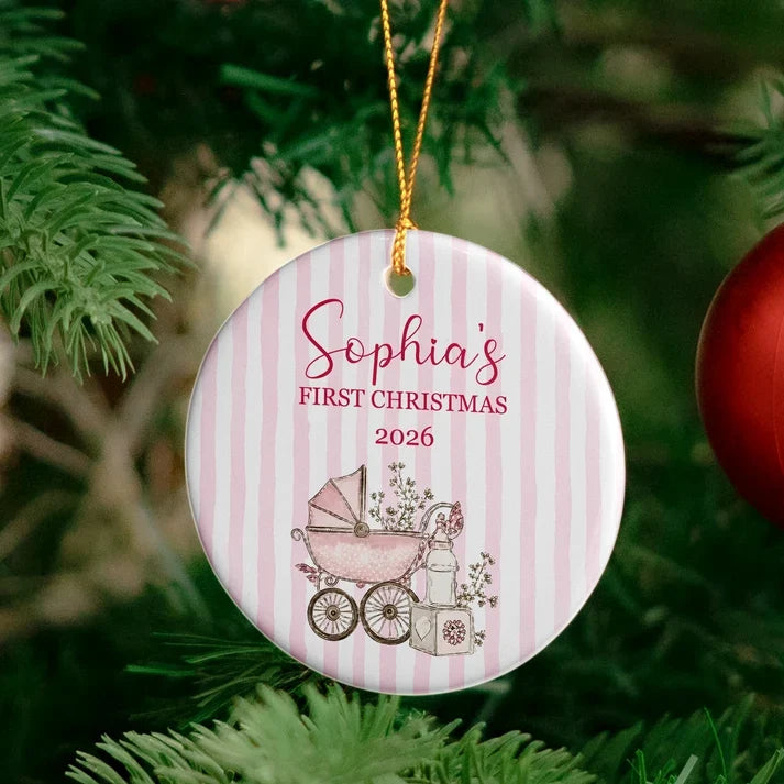 Personalized Baby's First Christmas Ceramic Ornament, Sweet Illustrated Keepsake, Creative Gift for Family