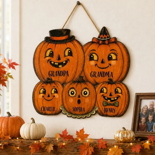Personalized Wooden Sign with Smiling Pumpkin Family, Retro Halloween Door Decor, Unique Gift for Grandparents