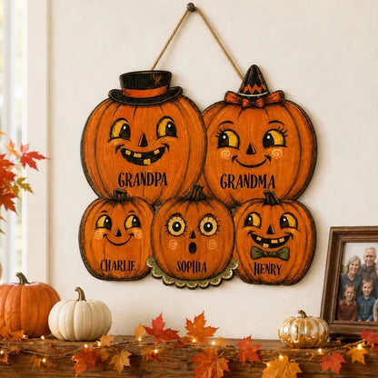 Personalized Wooden Sign with Smiling Pumpkin Family, Retro Halloween Door Decor, Unique Gift for Grandparents