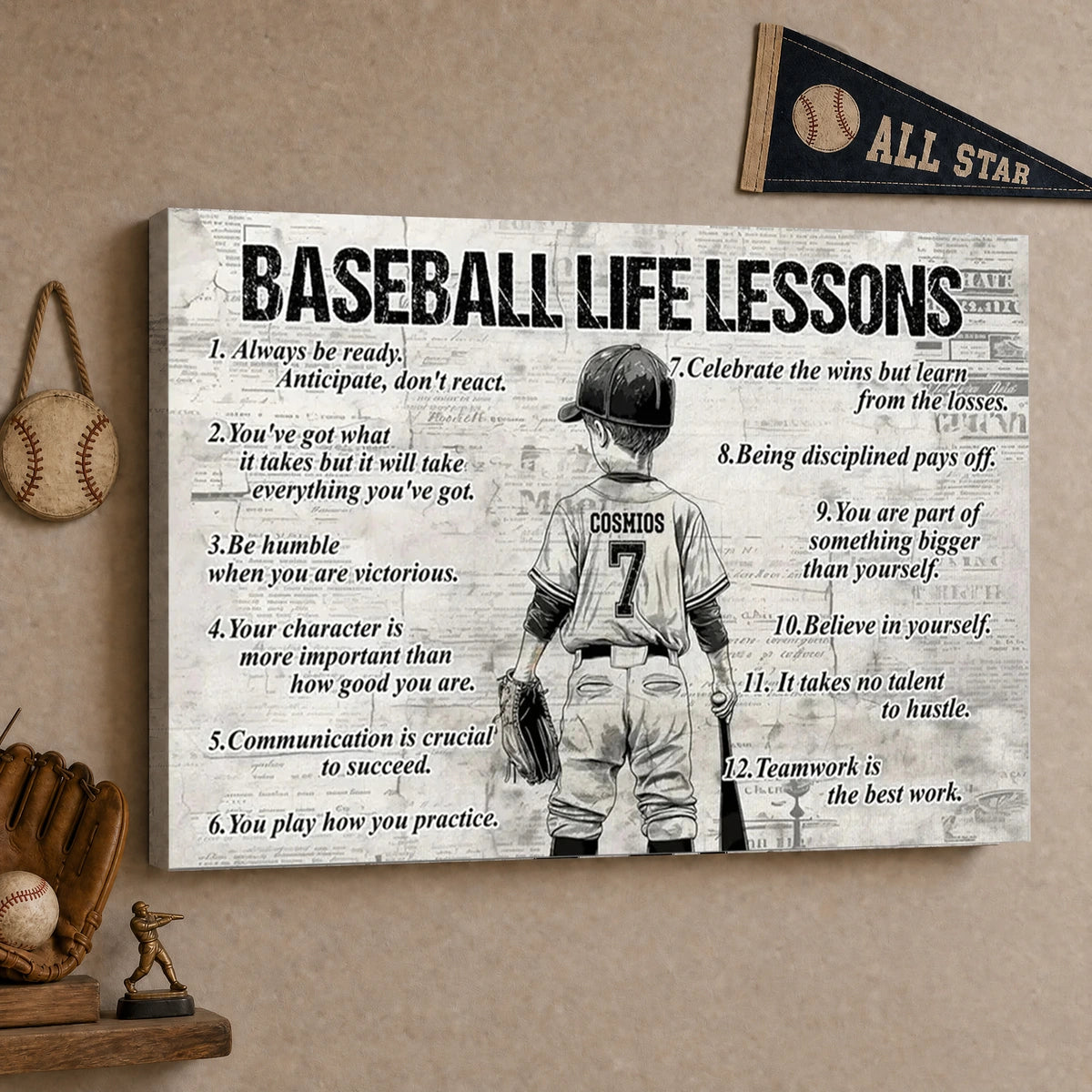 Back-View Baseball Kid Canvas, Motivational Wall Art, Unique Creative Gift for Young Athlete