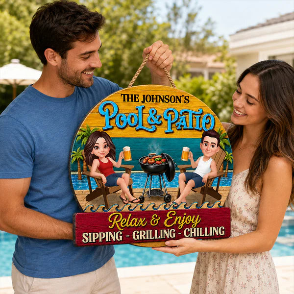 Personalized Wooden Sign with Cartoon Couple by Pool & Patio, Unique Creative Gift for Couples