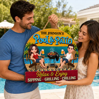 Personalized Wooden Sign with Cartoon Couple by Pool & Patio, Unique Creative Gift for Couples