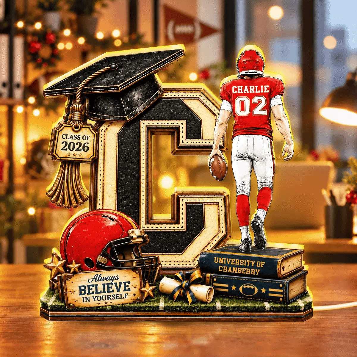 Personalized Acrylic Light Box, Football Graduate Walking with a Ball, Creative Gift for Son or Grandson