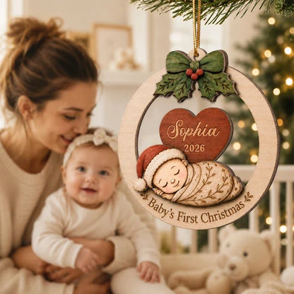 Personalized 2-Layer Wooden Ornament, Sleeping Baby's First Christmas Keepsake, Unique Gift for New Parents