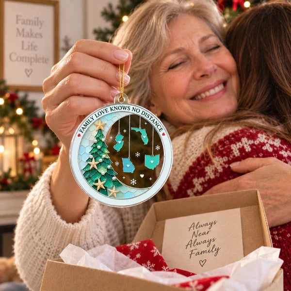 Personalized Acrylic Ornament with Family Map Charms and Christmas Tree, Unique Gift for Long-Distance Family