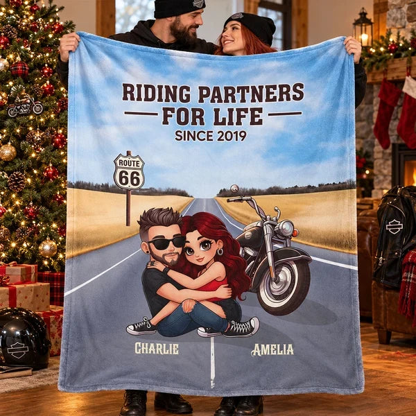 Personalized Fleece Blanket with Hugging Biker Couple at Sunset, Creative Unique Gift for Motorcycle Partners