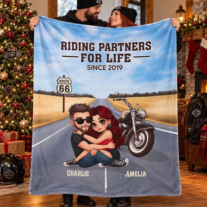 Personalized Fleece Blanket with Hugging Biker Couple at Sunset, Creative Unique Gift for Motorcycle Partners