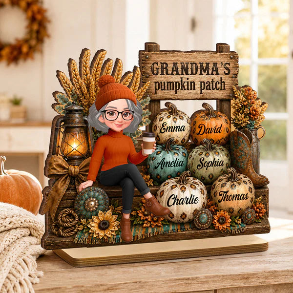 Personalized 2-Layer Wooden Plaque, Grandma Holding Coffee in Pumpkin Patch, Unique Gift for Grandma