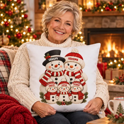 Personalized Square Pillow, Snowman Grandparents & Grandkids Gathered Together, Unique Christmas Gift for Grandparents
