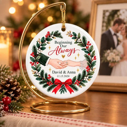 Personalized Ceramic Ornament with Couple Holding Hands and Christmas Wreath, Unique Gift for Couples