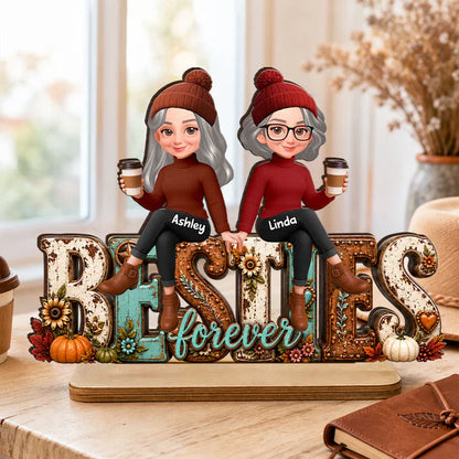 Unique Personalized 2-Layer Wooden Plaque, Cozy Fall Besties Forever Gift for Friends Holding Coffee