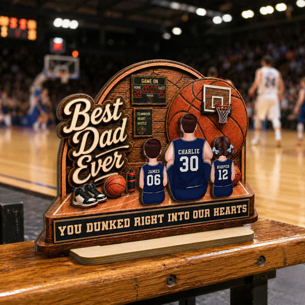 Personalized 2-Layer Wooden Plaque, Basketball Dad & Kids Back-View, Unique Creative Gift for Dad