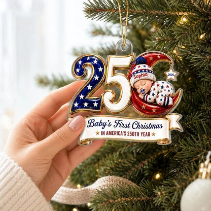 Personalized Acrylic Ornament, Sleeping Baby's First Christmas in Patriotic Colors, Unique Gift for New Parents